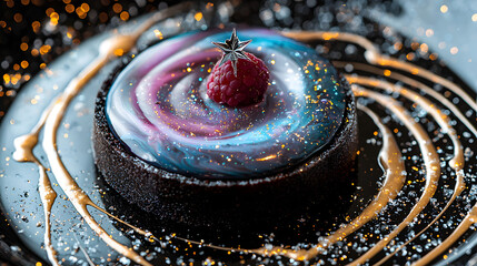 Dark Chocolate Tart with a Swirl of Liquid Raspberry Sauce and Garnish on a Glittery Black Plate