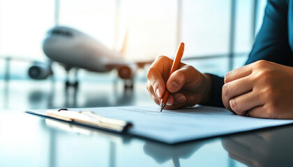person is signing aeroplane insurance document in office with view of aircraft in background, reflecting professional atmosphere and commitment to safety