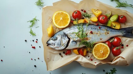Fresh Fish with Vegetables and Citrus, Fresh fish surrounded by tomatoes, lemons, parsley, and grapes on brown paper