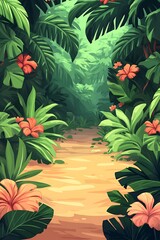 Naklejka premium A vibrant painting of a lush tropical jungle path