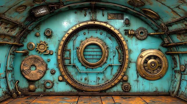 Teal steampunk metal door with gears and valves.