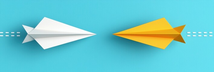 Two Colorful Paper Airplanes in Flight Against a Bright Blue Background Symbolizing Creativity and Freedom