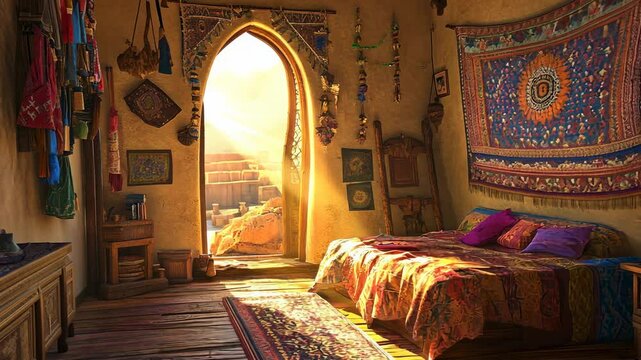 Sunlit Desert Bedroom: A Digital Painting of an Enchanting Oasis Retreat