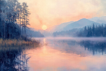 Fototapeta premium A serene lake with trees at the shore, framed by distant mountains.