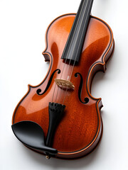 Fototapeta premium Brown classic violin lying horizontally with an overlay for the neck isolated on white background