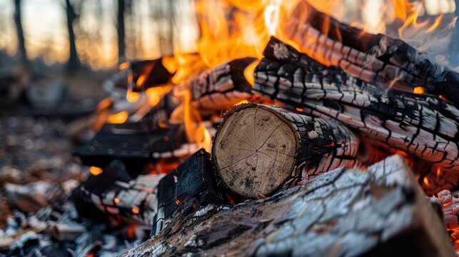 Close-Up of Firewood Burning with Flames and Glowing Embers - Powered by Adobe