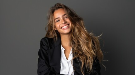 Fototapeta premium Smiling young woman in stylish blazer against dark gray background