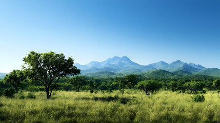 Fototapeta premium Panoramic View Of Lush Green Valley With Mountains And Trees Under Clear Blue Sky