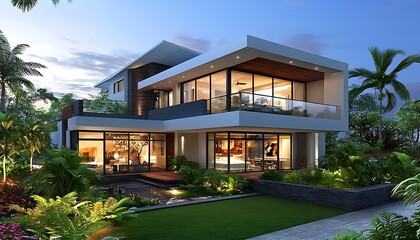 Modern Villa with Night, and Tropical Garden.