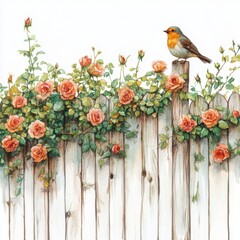 Charming bird perched on roses by a wooden fence garden setting nature illustration serene viewpoint