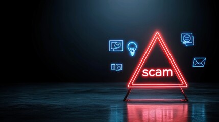 Illuminated neon red triangle sign with the word  scam  prominently displayed surrounded by digital icons highlighting the risks of online fraud and the need for cybersecurity awareness