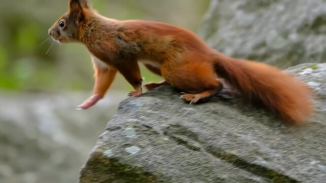 Red squirrel, delicately walking slowly on a rugged rock. Suitable for marketing or business purposes