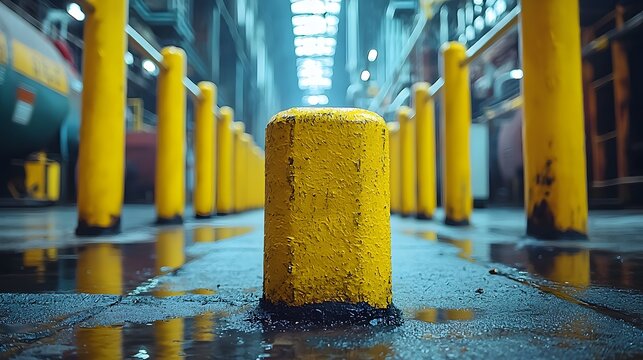 Reflective wet street after rain showcasing parallel bars and urban environment in a gloomy yet captivating scene
