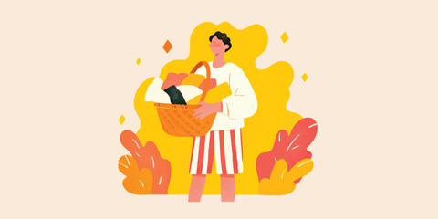 Fototapeta premium An illustration depicts a person walking around carrying a basket filled with food. The scene is cheerful and inviting, with bright colors and simple shapes.