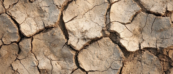 Fototapeta premium A close-up view of dry, cracked earth, indicating drought and soil degradation in an arid landscape.