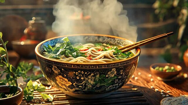 A steaming bowl of Asian noodles with herbs, chopsticks, and decorative floral accents.