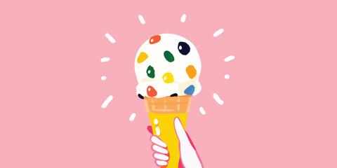 A person hand holding a delicious ice cream cone with colorful sprinkles on a beautiful and delicate color background, evoking a sense of joy and a pleasant. 