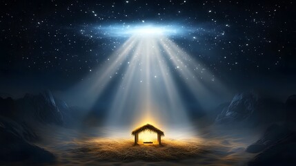 Heavenly Nativity Scene A wooden manger resting on soft hay illuminated by a divine light against a deep blue starry night sky representing the hope and salvation of Emmanuel God with us