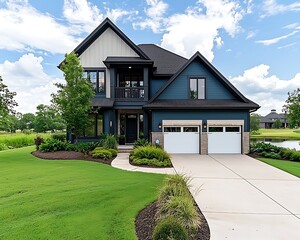 Modern Blue House with Green Lawn.