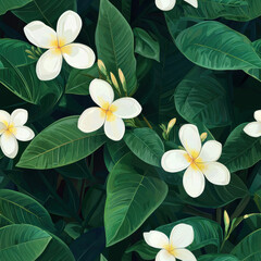 Fototapeta premium White jasmine flowers and lush green palm leaves in tropical setting