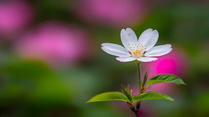 Fototapeta premium Single Delicate White Blossom With Pink Background