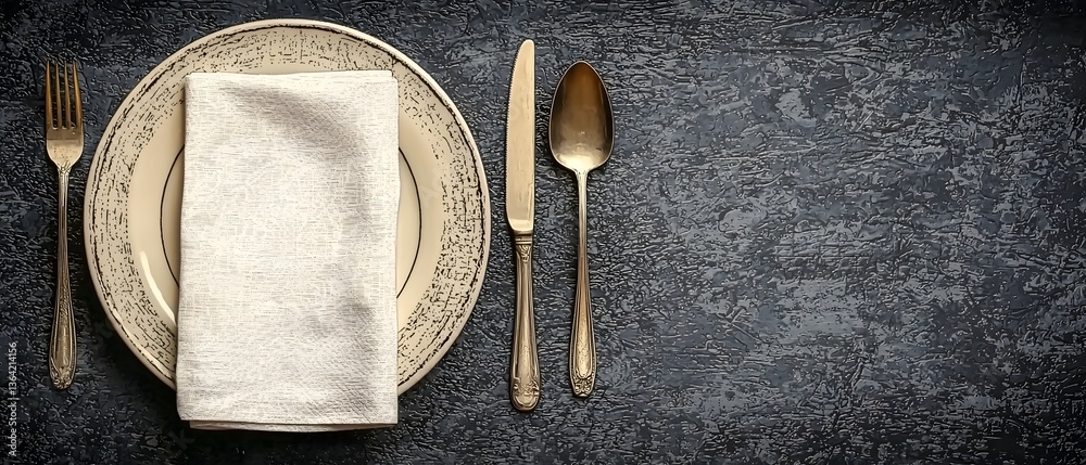 Poster Elegant one line drawing of tableware including a plate cutlery and a folded napkin  The continuous line art technique adds a modern and touch