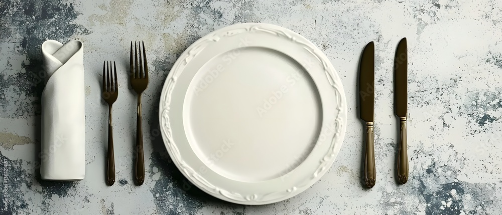 Aufkleber Minimalist continuous line drawing of an elegant table setting featuring a plate knife fork spoon and a folded napkin  The is sleek and modern