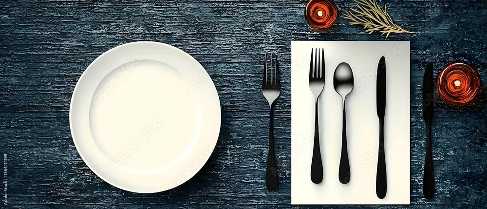 Poster A stylish linear showcasing a neatly arranged fine dining tableware set including a plate cutlery and a minimalist menu card