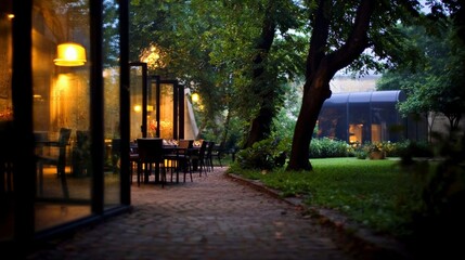 Obraz premium Serene Outdoor Restaurant Patio at Dusk Tranquil Garden Dining