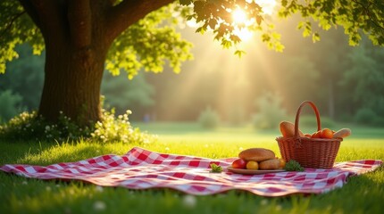 A cozy picnic setup under a large leafy tree with a checkered blanket, basket filled with fruits and bread, and soft sunlight filtering through branches
