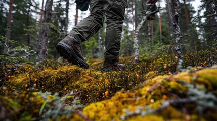Hiker Exploring Mossy Forest Floor in Lush Woodland Environment