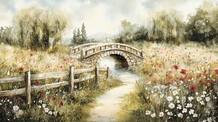 Serene Watercolor Valley Landscape with Charming Stone Bridge