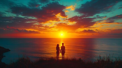 Fototapeta premium Couple watches sunset over ocean cliff