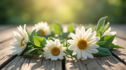 Obraz premium A delicate flower crown with detailed white daisies and lush green leaves, resting on a vivid rustic wooden surface