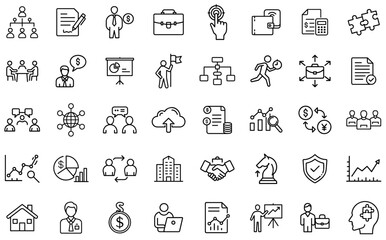 Corporate Business and Finance Icons Set – Leadership, Planning, Teamwork, Investment, Data Analysis, Financial Strategy, Workflow, Communication, Global Business, and Market Performance Line Icons