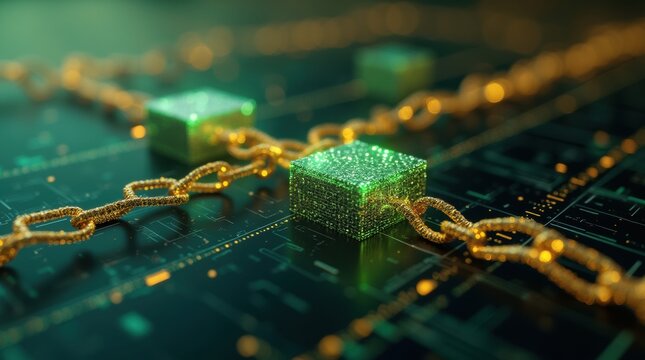 A detailed macro view of blockchain visualized as golden chains linking luminous blocks with radiant green highlights, set against a sleek digital grid backdrop