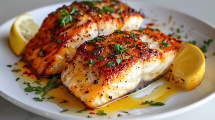 Grilled Fish Fillets with Lemon and Herbs on a White Plate