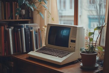 A vintage computer sits on a desk near a window