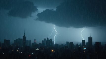 A dramatic scene of a heavy rainstorm pouring over a cityscape, with blurred silhouettes of buildings, dark storm clouds