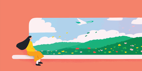 A woman gazes out a window at a picturesque vista. This artwork embodies a serene, inviting moment. The composition captures a sense of relaxation, perfect for designs related to travel or lifestyle.