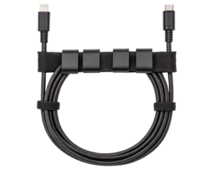 Organized charging cable with secure management clips on a transparent background