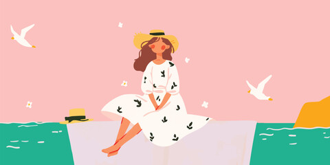 A young woman in a fashionable dress sits at the sea, and some seagulls fly around her. The soft hues create a dreamy atmosphere.
