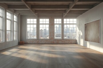 Obraz premium an empty, sunlit interior with large windows overlooking a city skyline, featuring wooden beams and exposed brick