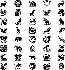 Naklejka premium Collection of Black and White Silhouettes of Various Animals