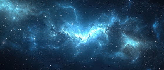 A stunning cosmic scene depicting a swirling nebula surrounded by countless stars, showcasing vibrant blues and a deep, expansive universe.