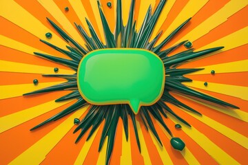 Cyan and green 3D comic speech bubble, yellow and orange stripes.