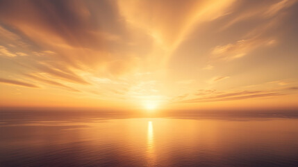 Naklejka premium Golden sunset over calm ocean, reflecting sunlight, peaceful sky, perfect for travel or nature themes