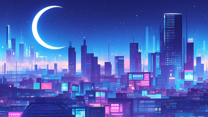 幻想的な満月が浮かぶ都会の夜景・ネオンカラーが美しい1980年代風レトロポップ都市風景イラスト・青とピンクの鮮やかな色彩・ノスタルジックでエモーショナルな夜の街・未来的な都市背景素材