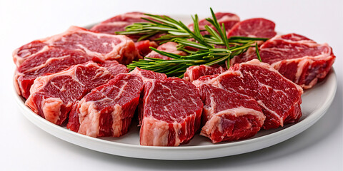 Close-up of succulent raw beef steaks arranged on a white plate,