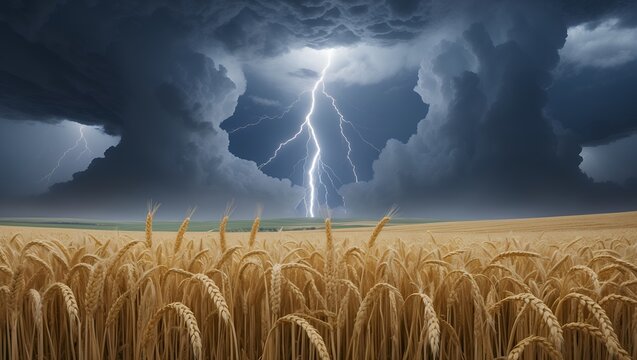Lightning strikes over golden wheat field, dark clouds and storm